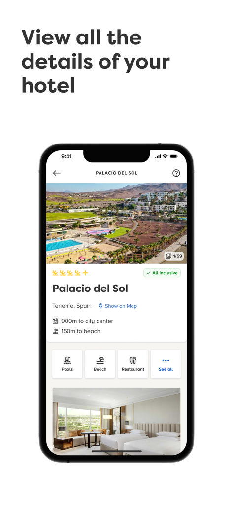 My Apollo - My Apolloアプリの画面。パルシオ・デル・ソルホテルの詳細とアメニティが表示されています。