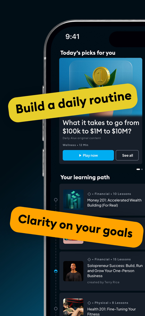 Alux: Self Help & Improvement - Alux app interface showing a personalized learning path with lessons on wealth building and daily routines