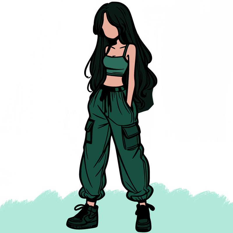 girl in baggy pants crop top and long hair