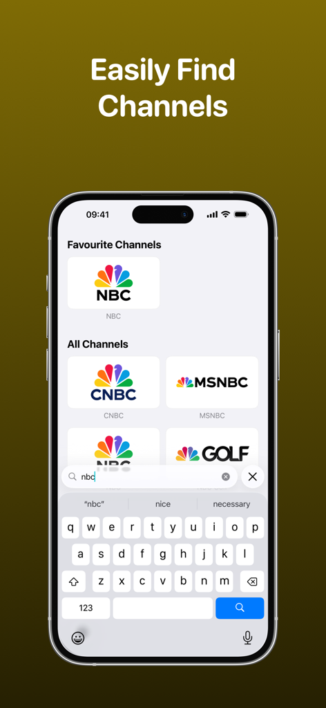 TV Launcher - Live US Channels - A mobile interface for TV Launcher showing a search bar and channel logos like NBC and MSNBC.