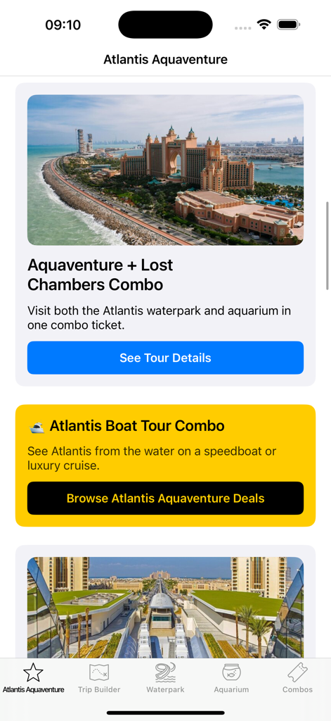 Interfaccia dell'app Atlantis Aquaventure che mostra offerte di biglietti combinati per parco acquatico e acquario.