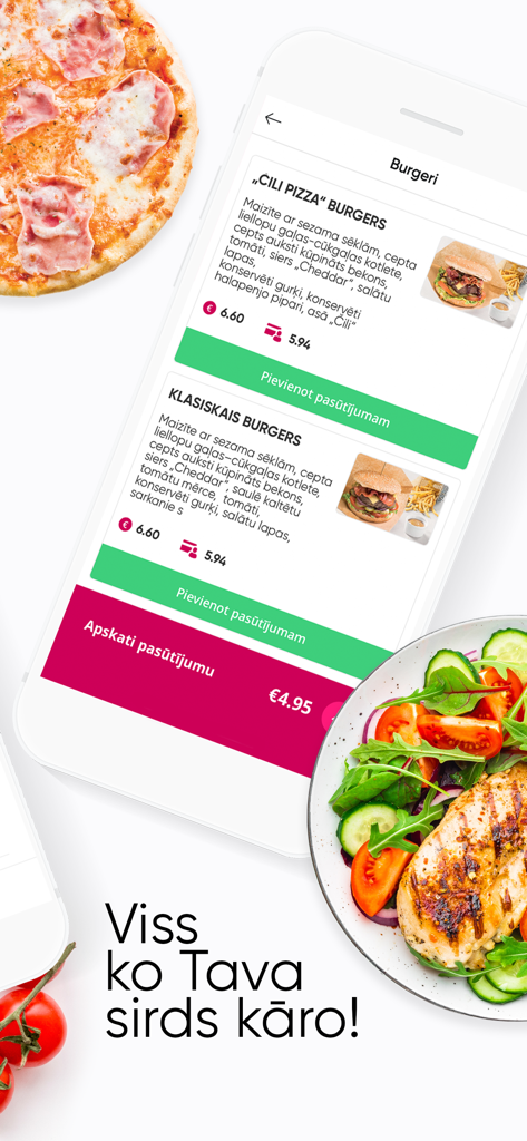 Interfaz de la aplicación móvil TiamoFood que muestra un menú de hamburguesas con precios de fidelidad y botones de pedido