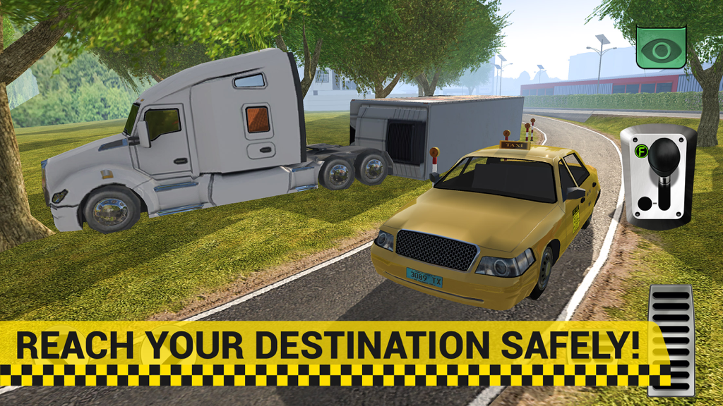 A yellow taxi driving on a winding city road next to a white semi truck with game controls on screen.