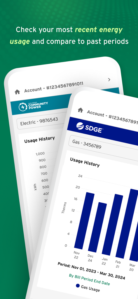 My Energy Center - My Energy Center mobile app showing energy usage history charts for gas and electric.