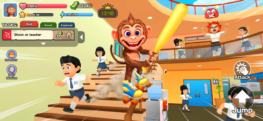 Monkey Student: School Prank - Un bromista mono de dibujos animados en patines sosteniendo un bate de béisbol mientras persigue a estudiantes en un pasillo de la escuela.