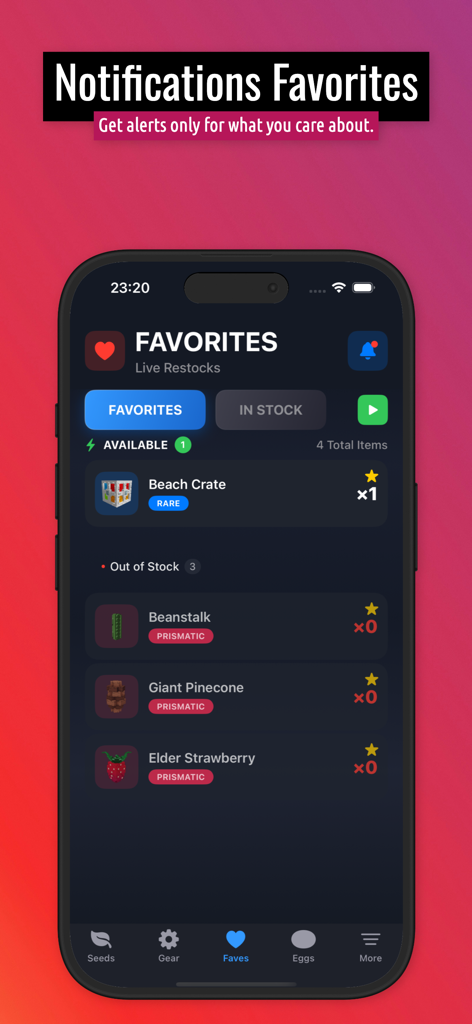 GAG Stocks - Favorites screen in the GAG Stocks app showing tracked items and restock availability for Grow A Garden