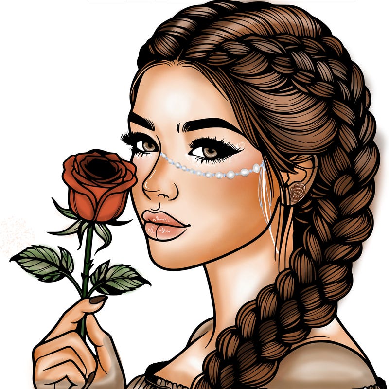 realistic woman with braids holding a single rose