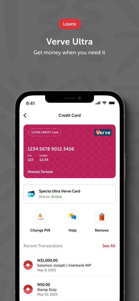 Sterling OneBank mobile app interface for Verve Ultra credit card management