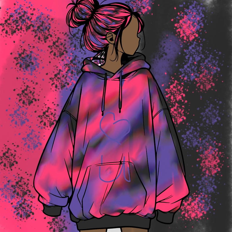 realistic girl with a oversized sweatshirt on and a bun