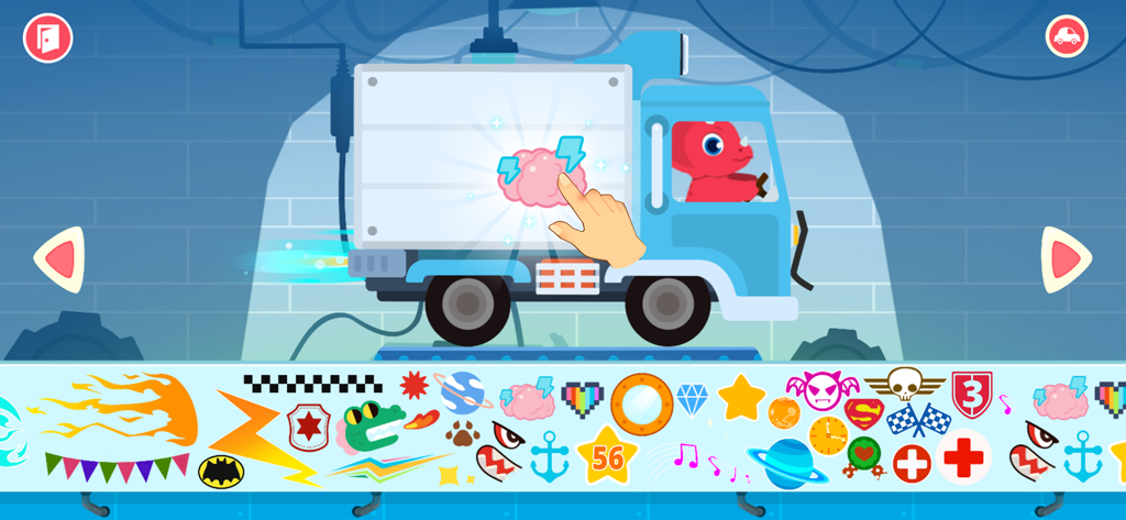 Dinosaur Car games for kids - A red dinosaur driving a blue truck being customized with colorful stickers in a kids game.
