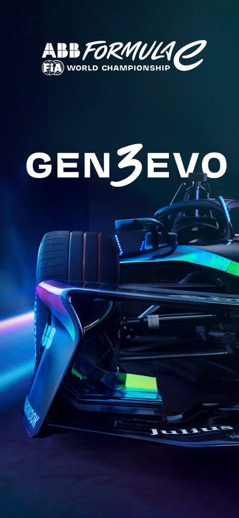 ネオンライトが輝く未来的なフォーミュラE Gen3 Evoレースカー