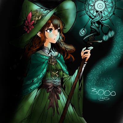 a realistic fantasy manga witch with a staff