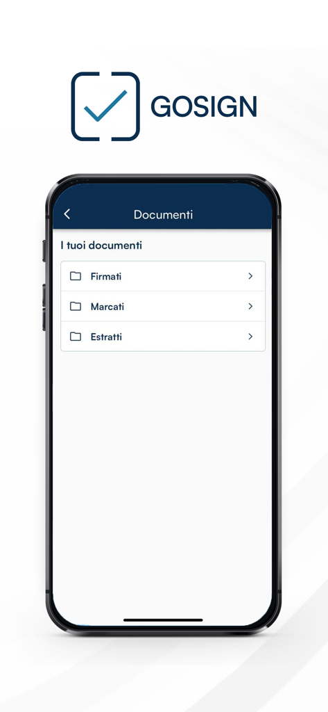GoSign app interface displaying organized folders for signed and timestamped documents
