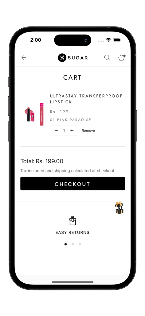 SUGAR Cosmetics - A mobile screen showing the shopping cart in the SUGAR Cosmetics app with a transferproof lipstick ready for checkout