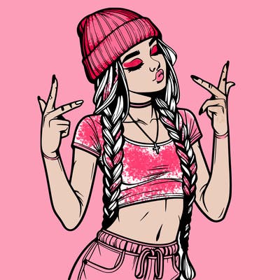 realistic teenage girl with braids and a beanie and crop top doing 🫶🏼