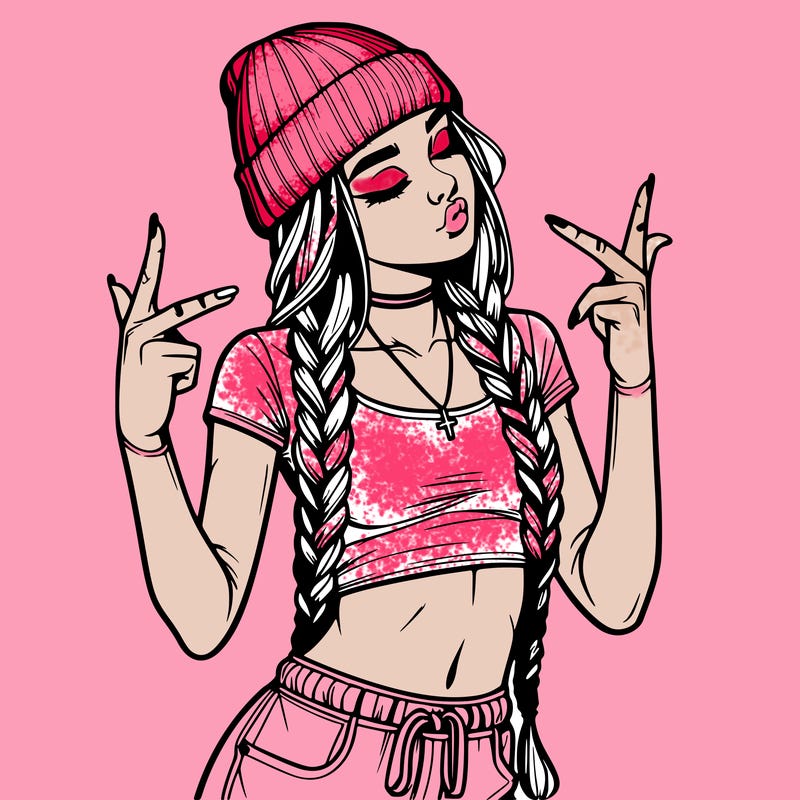realistic teenage girl with braids and a beanie and crop top doing 🫶🏼