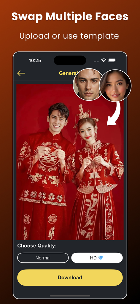 Face Over: AI Face Swap - A screenshot of the Face Over app showing how to swap multiple faces on a photo of a couple in traditional red attire.