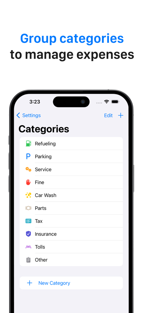 Car Maintenance Tracker - MPG - Uma interface de aplicativo móvel exibindo uma lista de categorias de despesas de carro como reabastecimento, estacionamento e serviço.