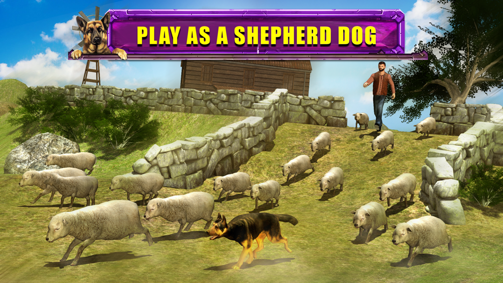 Shepherd Dog Simulator 3D - Un perro Pastor Alemán arreando un rebaño de ovejas en un paisaje rural en 3D