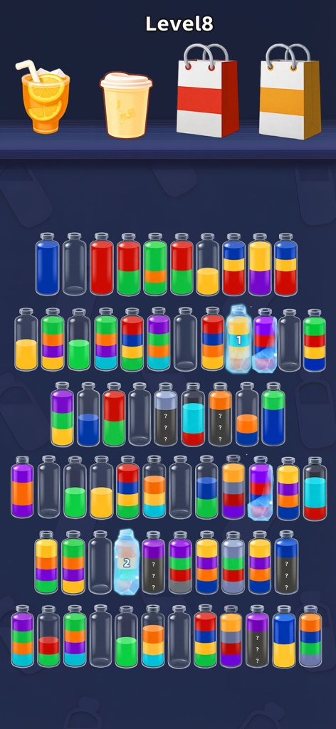 Water Jam Sort - Match Puzzle - Nivel 8 de Water Jam Sort mostrando filas de botellas de vidrio llenas de vibrantes capas multicolores de líquido para organizar.