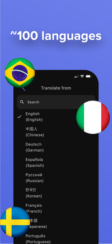 Translate AI - Live Translator - Interface do aplicativo Translate AI exibindo uma lista de aproximadamente 100 idiomas suportados com ícones de bandeiras nacionais.