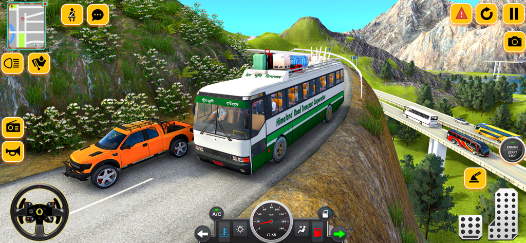 Heavy Bus Driving Hill Station - Gameplay of Heavy Bus Driving Hill Station showing a bus navigating a narrow mountain road with a driving dashboard and controls