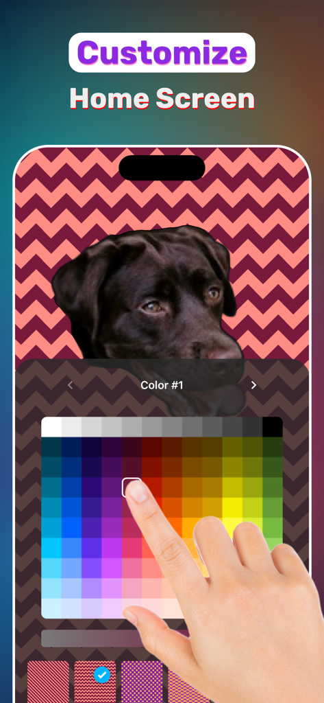 Customizing a mobile wallpaper with a dog photo and color palette in the WallSee app.