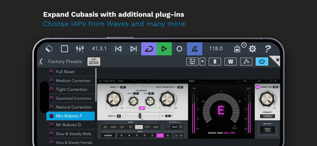 Cubasis 3 - DAW & Music Studio - Interfaccia dell'app mobile Cubasis 3 che mostra il plugin vocale Waves Tune Real-Time