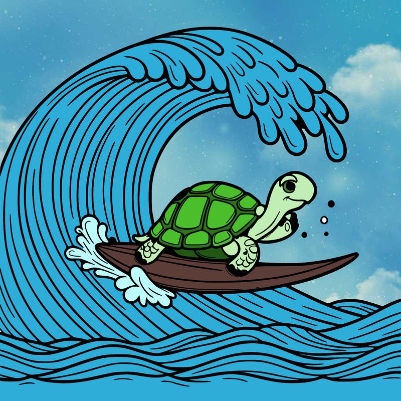 a tortoise surfing on a giant wave