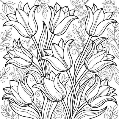 Immerse yourself in the graceful world of Lily-Flowered Tulips with this stunning coloring template. Its elegant blooms and delicate botanical background offer a perfect canvas for your creative expression.