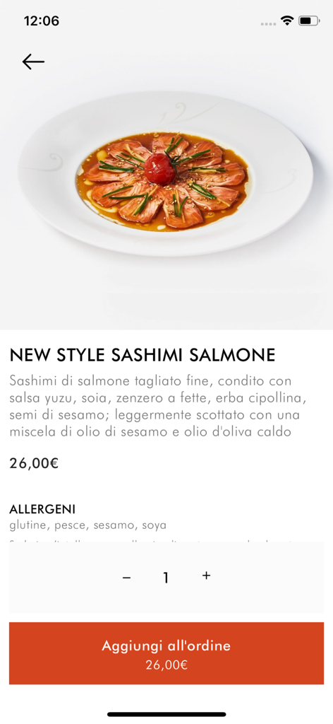 Nobu Milano - Nobu Milano app interface displaying New Style Salmon Sashimi dish details and order button