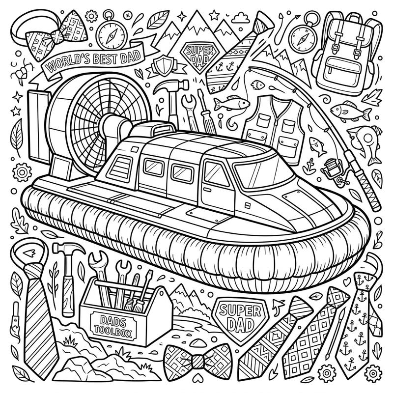 Gear up for a creative Father's Day celebration with this unique hovercraft coloring page. Bursting with dad-themed details from tools to ties, it's the perfect way to show appreciation for the amazing dads in your life.