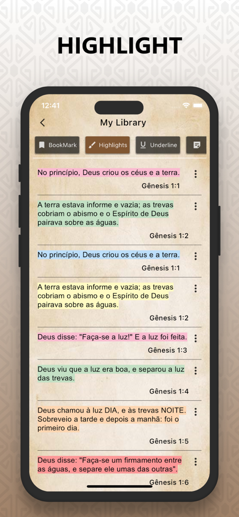 Bíblia Sagrada Ave Maria Pro - Interface do aplicativo da Bíblia em português mostrando versículos destacados em várias cores na seção da biblioteca.