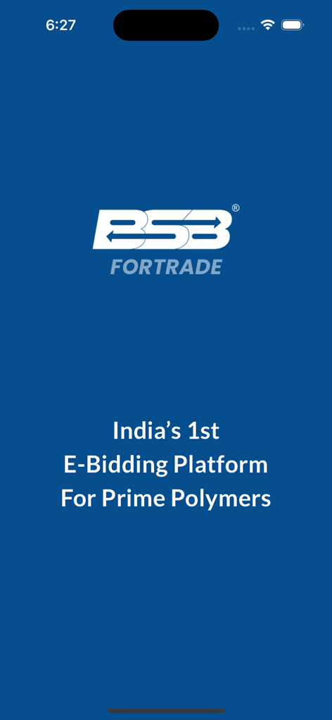 Pantalla de presentación de BSB Polymer Trading App con el logo y la descripción de la plataforma de ofertas
