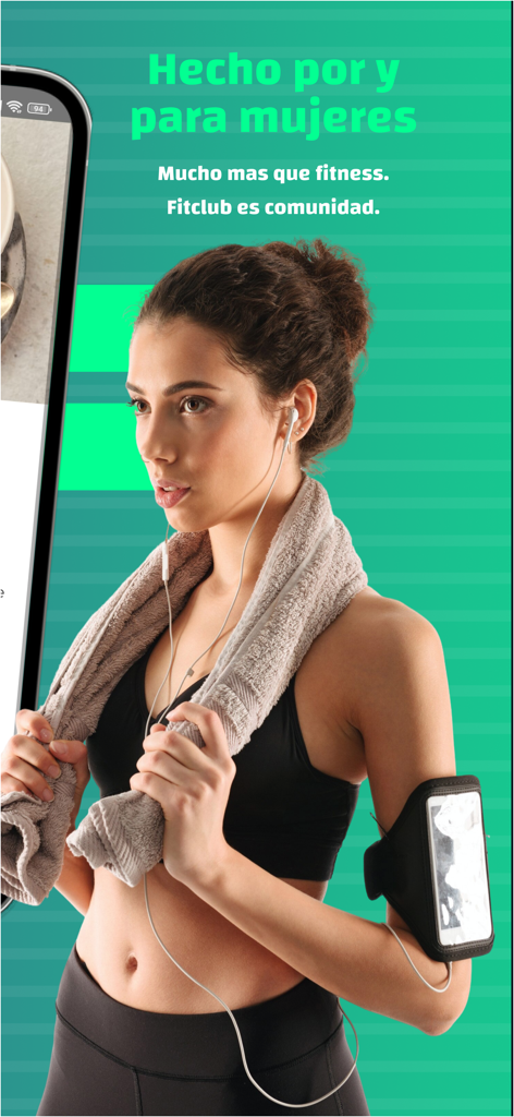 Fitclub Fuerza Femenina - A woman in athletic wear with a towel and headphones promoting the Fitclub fitness community for women