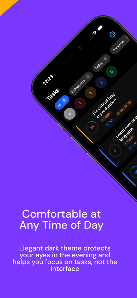 TaskSteps: To Do List & Focus - Smartphone screen showing the TaskSteps productivity app in elegant dark mode.