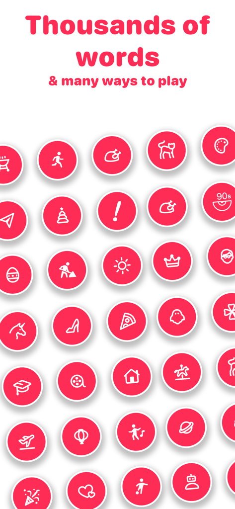 Off Limits Word Guessing Party - Cuadrícula de iconos coloridos que representan miles de palabras y categorías en la aplicación de juegos de fiesta Off Limits