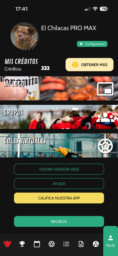 Quiniela PRO - Quiniela PRO user profile screen showing credits, groups, and app settings