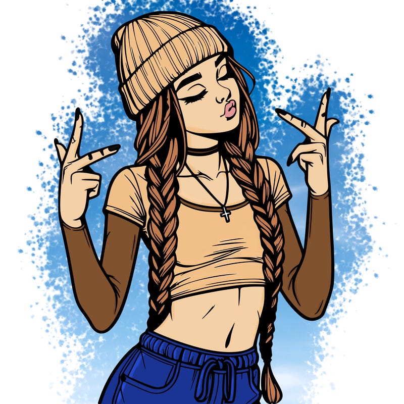 realistic teenage girl with braids and a beanie and crop top doing 🫶🏼