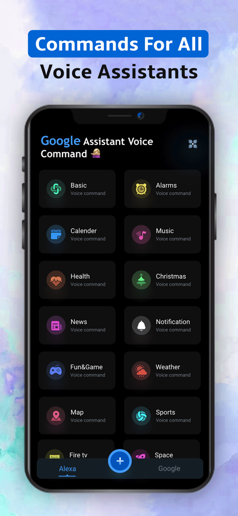 Voice Command for alexa - Interfaz de la aplicación móvil que muestra comandos de voz categorizados para Google Assistant y Alexa, como Alarmas, Música y Clima