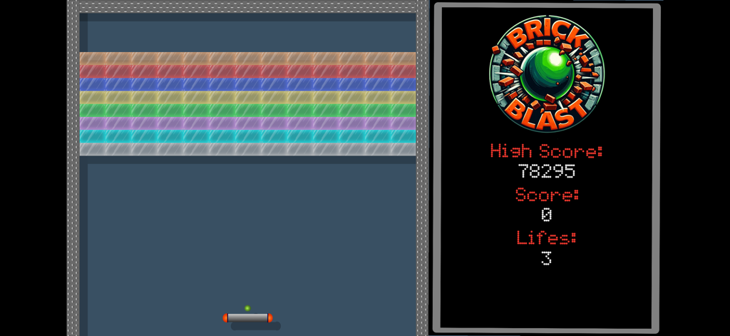 Brick Blast mobile game interface with colorful bricks and digital score display