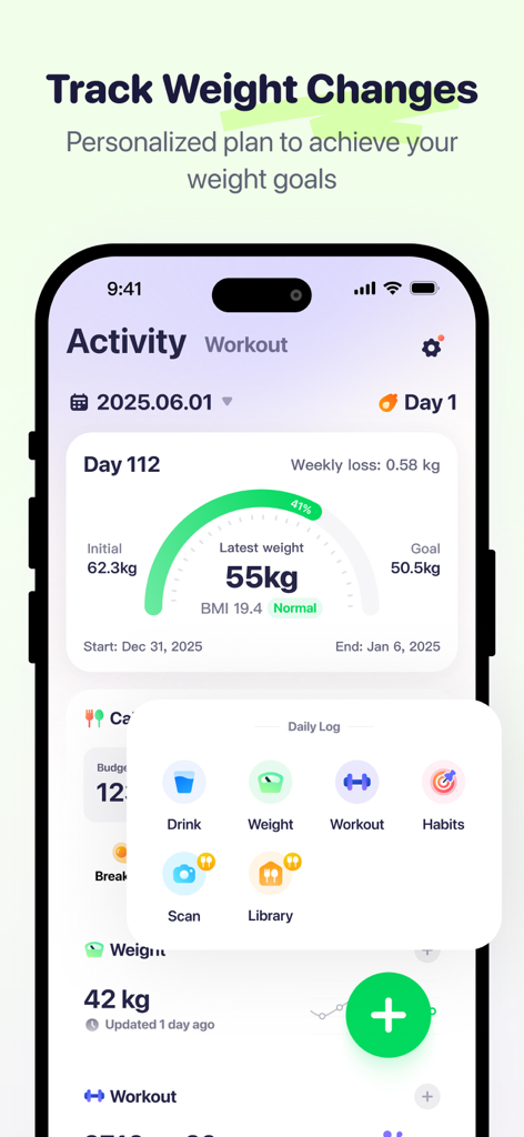 Ein Screenshot der OtterLife-Gewichtstracking-Oberfläche, der eine Gewichtverlust-Fortschrittsanzeige und ein tägliches Protokollmenü mit Symbolen für Wassertrinken, Gewicht, Training und Gewohnheiten zeigt