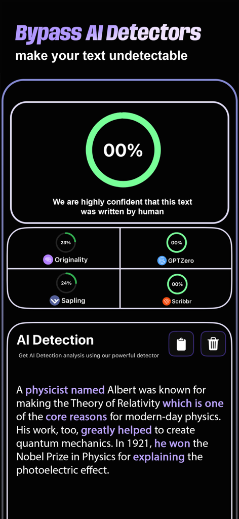 AI Humanizer: Humanize AI Text - Interfaz de la aplicación AI Humanizer que muestra resultados de detección de IA del cero por ciento en múltiples herramientas.