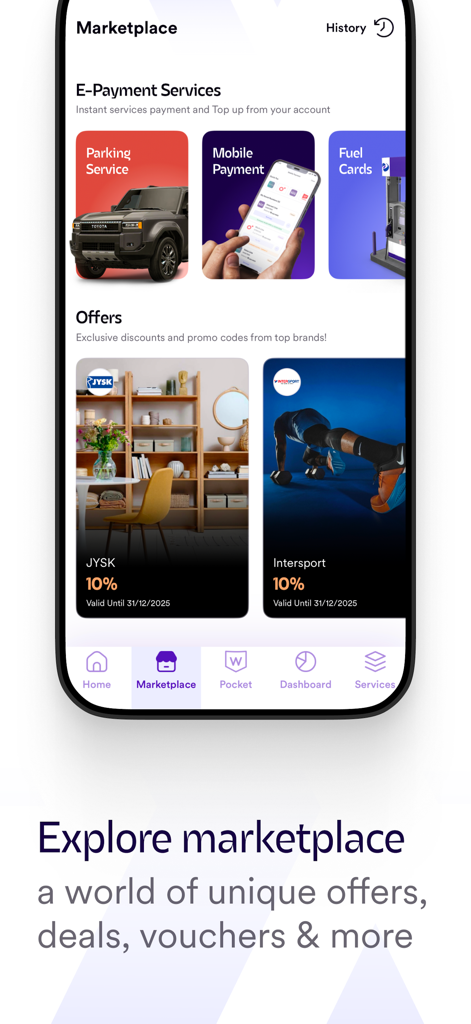 Warba Bank mobile app marketplace screen displaying various e-payment services and exclusive lifestyle offers