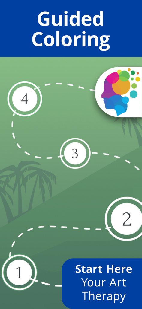 Coloring Book Now - Guided coloring art therapy interface with numbered progress steps