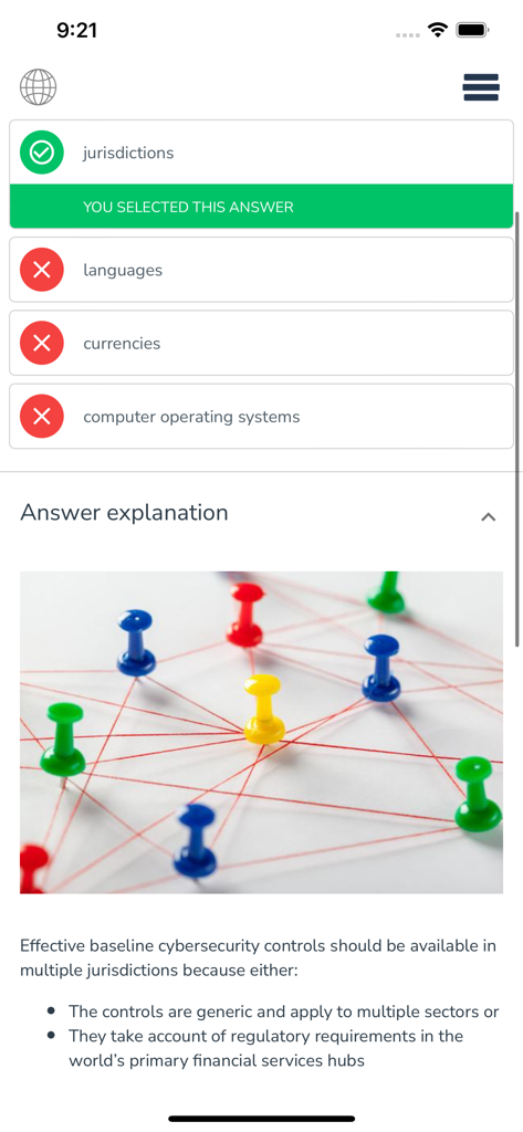 Qstream - A mobile screen from the Qstream app showing a correct quiz answer regarding cybersecurity and a detailed explanation with a network diagram.