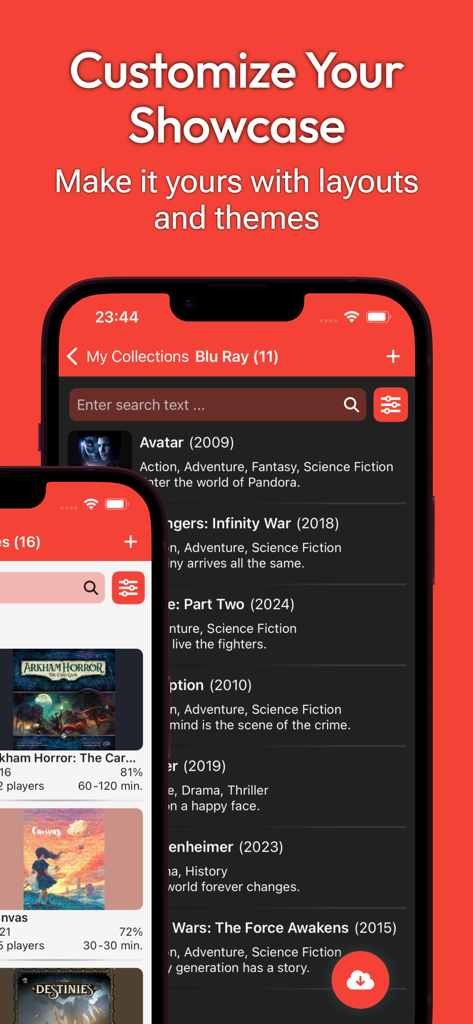 My Collections: Collect & Show - Screenshot showing how to customize a collection showcase with different layouts and themes in the My Collections app.
