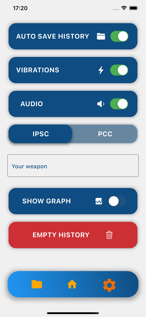 Settings screen of the IPSC Calculator app featuring toggles for history saving, vibrations, audio, and weapon selection