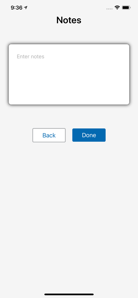 stratustime - The notes entry screen of the stratustime app featuring a text box and buttons for Back and Done.