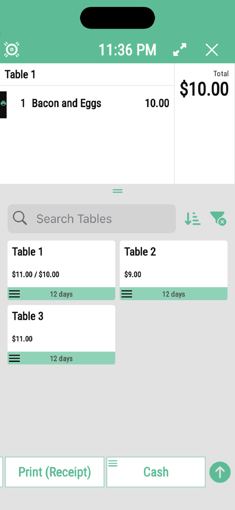myvenue POS mobile interface displaying table orders and checkout options
